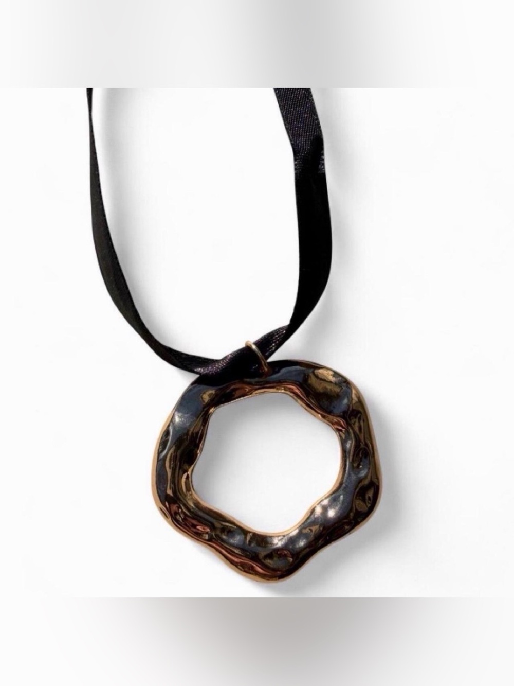 Organic Gold Circle Pendant on Ribbon Chain